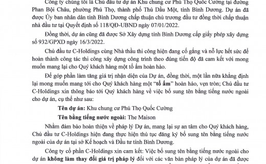 BỔ SUNG TÊN BẰNG TIẾNG NƯỚC NGOÀI CHO DỰ ÁN KHU CHUNG CƯ PHÚ THỌ QUỐC CƯỜNG