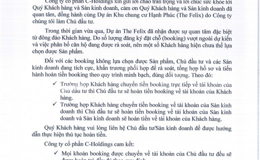 THÔNG BÁO VỀ VIỆC HOÀN TIỀN ĐẶT CHỖ DỰ ÁN THE FELIX
